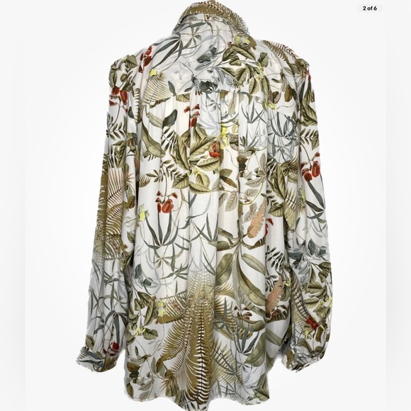 H&M Womens L Floral Long Sleeve Button-Up Deco Gathering On Back Blouse - Picture 2 of 6